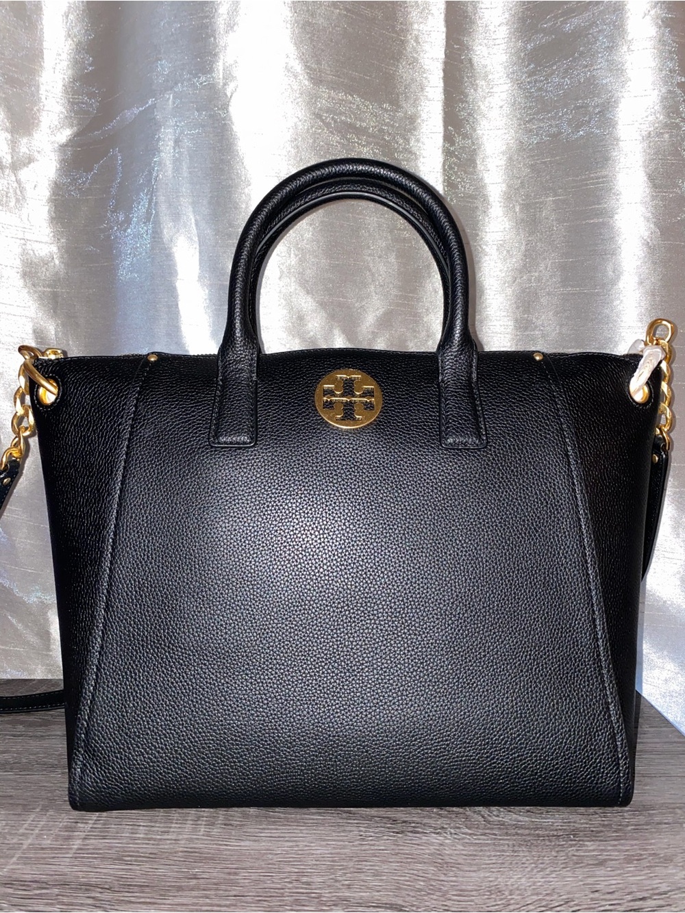 Tory Burch Black Pebbled Leather Satchel with Gold Hardware